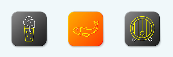 Set line Glass of beer, Dried fish and Wooden barrel icon. Vector