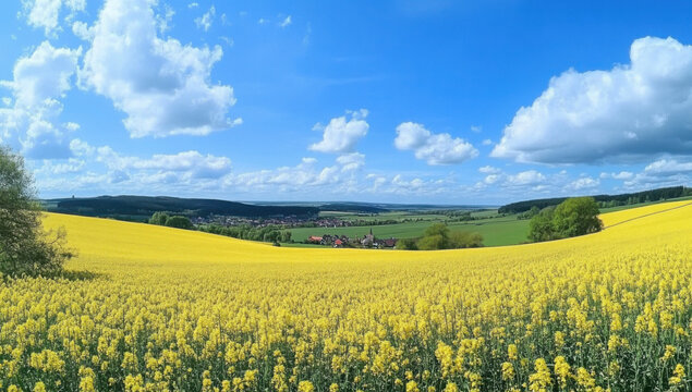 Agriculture en Champagne Ardenne dans la r&eacute;gion Grand Est, paysage de champ de colza (brassica napus) jaune, en fleur, sous un ciel bleu, au printemps (France)