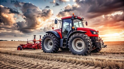 Tractor plows a field in the spring accompanied by rooks Tractor