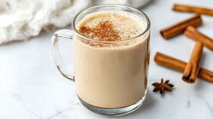 A fresh cup of hot chai latte with a sprinkle of cinnamon on a white isolated background