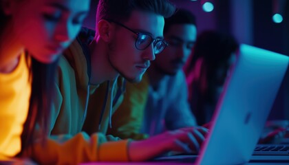 Obraz premium Computer Programmer Team Utilizing Laptops To Process Data Connected To Global Internet Network, Cloud Computing, Data Center Network Server, Cyber Security, And Software Development.