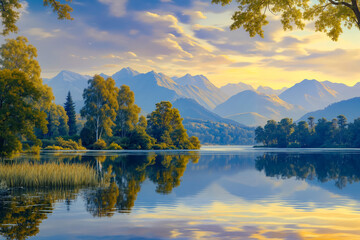 Obraz premium A lake with trees and mountains in the background