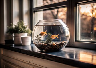 Beautiful bright small goldfish in round glass aquarium on wooden table. Space for text