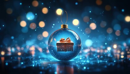 Festive Holiday Decor: Realistic Glass Ornaments And Falling Gift Boxes On A Vibrant Blue Background With Levitation Dynamics Effect.
