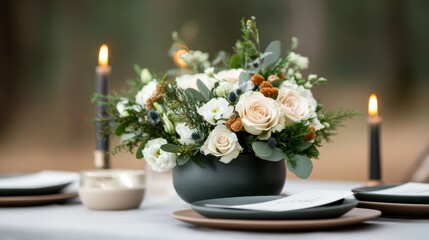 boho chic wedding tablescape, romantic tables with earthy ceramic plates, handwritten name cards, and boho bridal bouquets on each guest chair for harmony