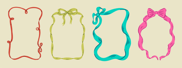Set of elegant whimsical hand-drawn pink blue orange green color frames with wavy squiggle curly ribbons in trendy, vintage styles. Perfect for quirky holiday, wedding, birthday gift decorations