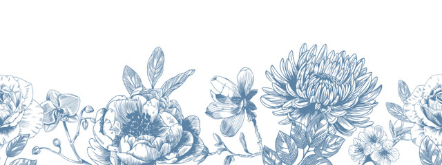 Botanical blue wedding seamless borer with flower on white background. Hand drawn floral, flower and leaf branch in toile de jouy style. Line art for wedding invitation, greeting birthday cards