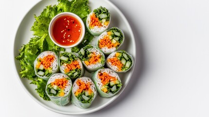 A plate of vegetable spring rolls with dipping sauce on a white isolated background