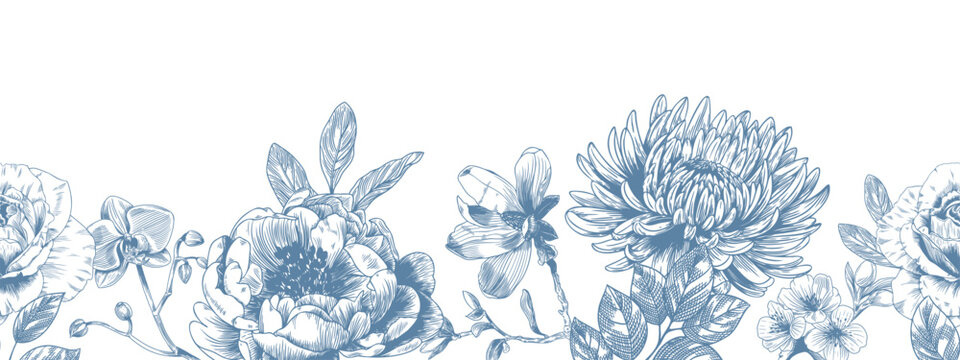 Botanical blue wedding seamless borer with flower on white background. Hand drawn floral, flower and leaf branch in toile de jouy style. Line art for wedding invitation, greeting birthday cards