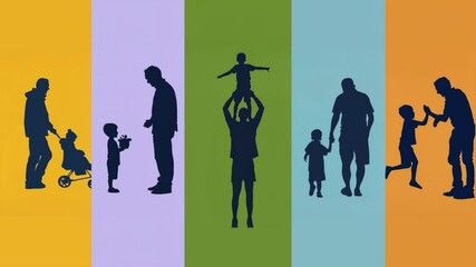 Silhouettes set of fathers having a good time with their children over colorful backgrounds