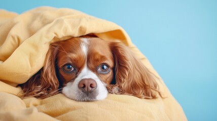 Dog spa relaxation concept. Cozy dog wrapped in a yellow blanket against a blue background.
