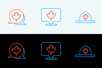 Set line Canadian ranger hat, maple leaf and icon. Vector