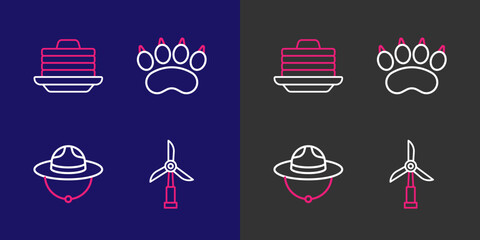Set line Wind turbine, Canadian ranger hat, Bear paw footprint and Stack of pancakes icon. Vector