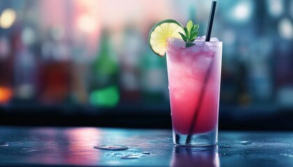 Blurred Cocktail Image On Pub Bar Counter: A Hazy View Of A Drink In A Pub Setting. Concept Of Refreshment And Relaxation.