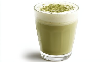 A glass of iced matcha latte with a frothy top on a white isolated background