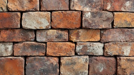 Fototapeta premium Close-up of rustic red bricks with visible cracks, chips, and signs of aging, showcasing the weathered texture and natural discoloration from prolonged exposure to the elements.