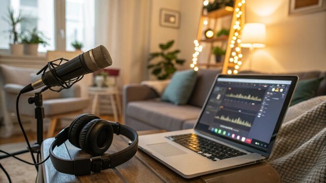 Primer plano de elementos de podcast en un ambiente hogare&ntilde;o