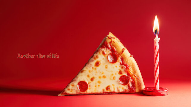 Birthday celebration with pizza slice and candle on red background