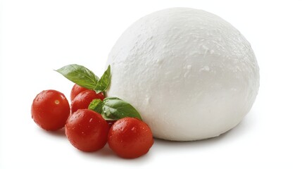 A fresh mozzarella ball with tomatoes and basil on a white isolated background