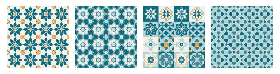 Collection of Arabic geometric mosaic printable seamless pattern with abstract Moroccan print in blue and orange colors. Ramadan Kareem Traditional Islamic art Illustration background