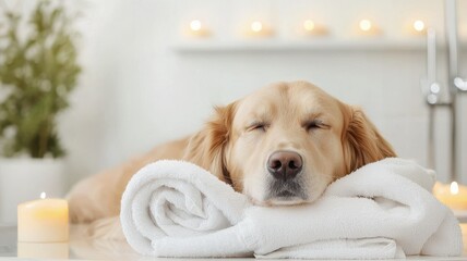 Dog spa relaxation concept. Relaxed dog resting on towels surrounded by candles and soothing ambiance.