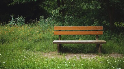 Wooden park bench in a tranquil green meadow with wildflowers.