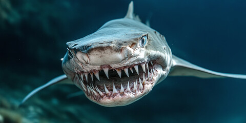  A close-up of a shark with sharp teeth, swimming underwater in a deep blue ocean, highlighting the fierce and predatory nature of marine wildlife.