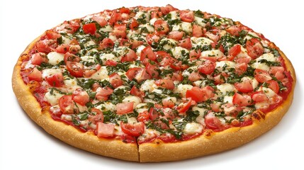 A classic margherita pizza with fresh basil, mozzarella, and tomato on a white isolated background