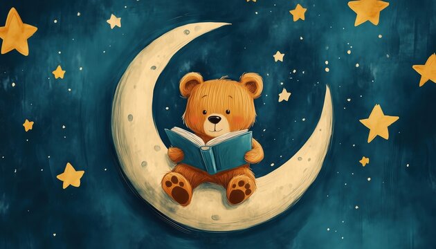 Adorable Bear Relaxing On The Moon And Enjoying A Good Book In A Hand-Drawn Style Illustration. A Charming Scene.