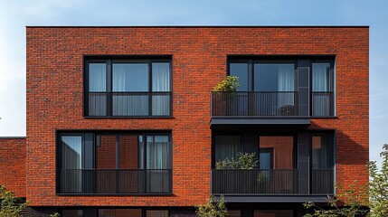 Fototapeta premium Stylish facade of a modern building made from uniform bricks in rich shades of red and brown, giving a clean, polished look to the contemporary architectural design.