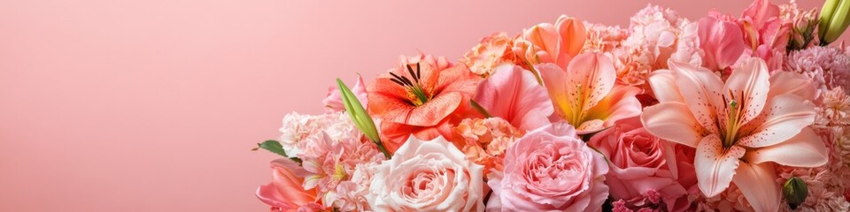 Fototapeta premium Fresh flower arrangement of roses lilies and tulips on a soft pink background