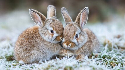 Fototapeta premium Two fluffy rabbits snuggled together on a patch of grass, their bodies pressed closely with their ears touching, creating a heartwarming and peaceful scene.