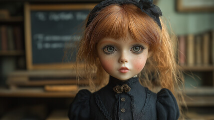 Porcelain doll with red hair dressed in a vintage outfit in a quaint classroom setting