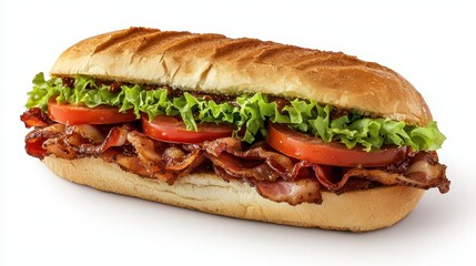 A crispy bacon, lettuce, and tomato sandwich on a white isolated background