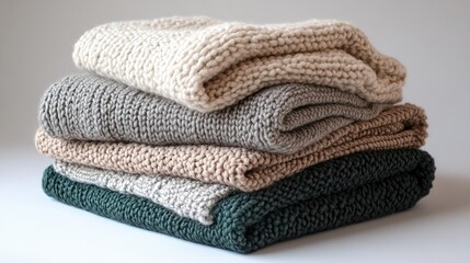  Stack of cozy folded blankets in various textures and colors, featuring soft wool, chunky knits, and warm fabrics, perfect for creating a comfortable and inviting atmosphere.