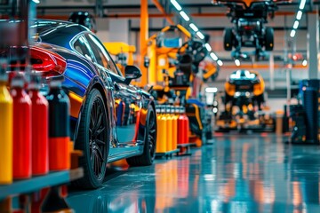 Obraz premium Vibrant auto body shop featuring colorful paint cans, spraying gear, and a sleek car on a lift