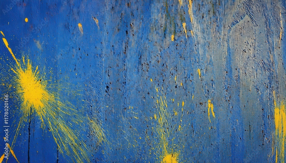 Poster dynamic yellow paint splashes on vibrant blue canvas background for modern abstract art concepts, in
