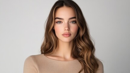 Fototapeta premium Attractive young woman with long brown hair and neutral makeup, looking directly at the camera.