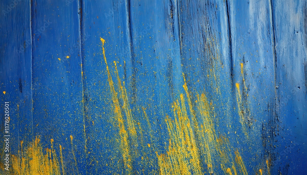 Poster dynamic yellow paint splashes on vibrant blue canvas background for modern abstract art concepts, in