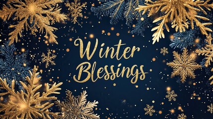  Festive winter design with golden snowflakes on dark blue background and elegant text reading "Winter Blessings," perfect for holiday cards or seasonal greetings.