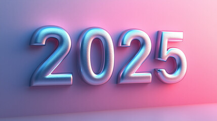 Matte silver numbers "2025" on a soft pink and gray gradient background with subtle lighting, with copy space for text