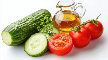 A fresh cucumber and tomato salad with olive oil dressing on a white isolated background