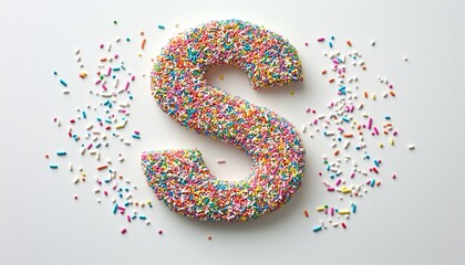 Obraz premium White Background With A Collection Of Sugar Sprinkles Arranged In The Shape Of The Letter S. Various Colors Of Sprinkles On A White Surface.
