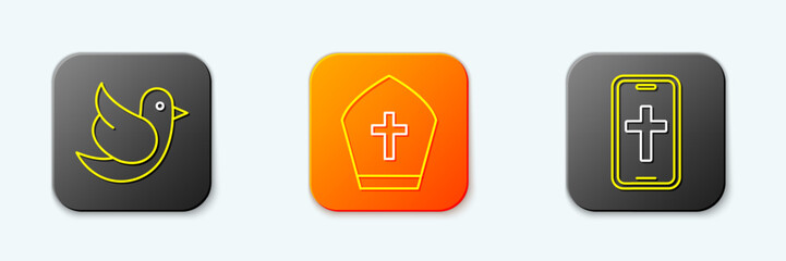 Set line Dove, Pope hat and Christian cross on phone icon. Vector
