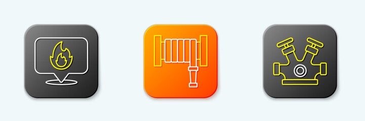 Set line Location with fire flame, Fire hose reel and hydrant icon. Vector