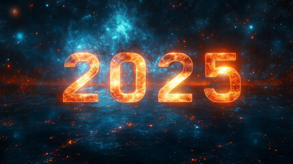 3D futuristic transparent numbers "2025" surrounded by glowing lines in a cosmic background, with copy space for text