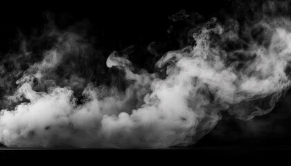 Realistic dense white smoke clouds in motion on a dark black background, abstract vapor swirl texture for cinematic effects and design