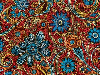 Vibrant floral pattern design featuring intricate details and bold colors on a red background