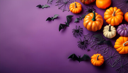 colourful halloween decorations providing pumpkins spiders and bats on purple heritage