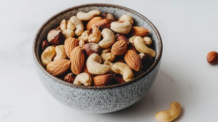 A bowl of fresh mixed nuts with cashews, almonds, and hazelnuts on a white isolated background